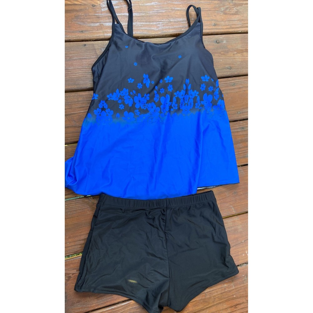 B2prity Women Black & Blue Floral Tankini Swimsuits Two Piece Medium NWT